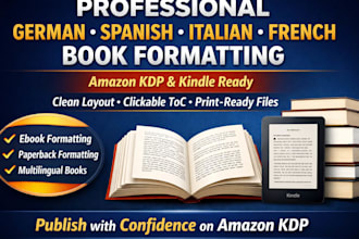 do german book formatting, italian kindle book, edit spanish, french amazon KDP