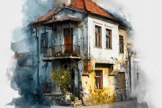 draw house and building photo into watercolor art