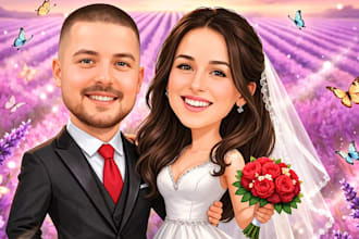 create an awesome cartoon caricature of a wedding couple