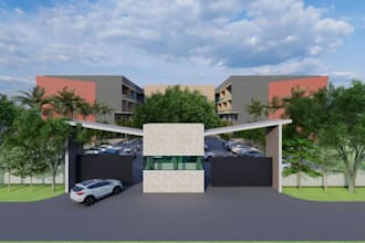 function hotel building,3d site plan,parking space, commercial facilities render