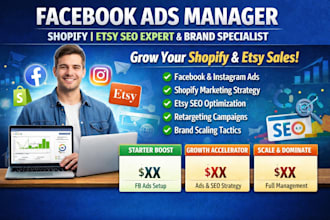 be your facebook marketing ads manager on shopify etsy SEO expert brand