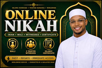 perform online nikah as imam, provide witnesses, wali, and marriage certificate