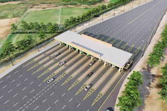 do 3d toll plaza design, toll gate, 3d road, 3d bridge, highway toll design