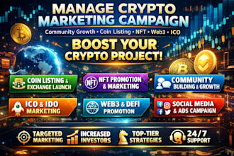 manage crypto marketing campaign, community growth, coin listing, nft, web3, ico