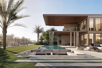 retrofit 3d resort villa,outdoor lounge,pool side,glass facade,ocean view render