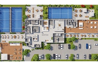 design 3d paddle court club, 3d facility render, 3d complex layout and floor pla