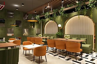 redesign 3d restaurant interior, bakery, gastronomy rendering, dining zones,cafe