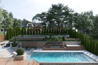 do backyard landscape design, patio, pool, garden 3d rendering, landscape design
