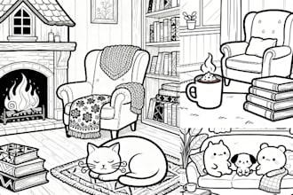 create cute cozy coloring pages with bold lines for KDP