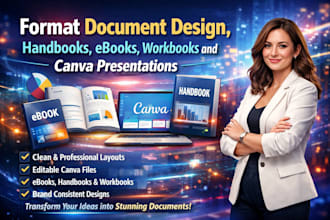 format document design, handbook ebooks, workbooks and canva presentations