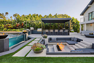 design landscape fireplace outdoor kitchen, patio garden backyard pool rendering