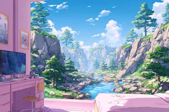 do a anime background art, game, concept art for vtuber stream