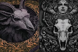 create detailed dark art illustrations for bands and merch