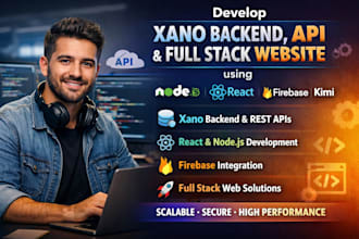 develop  xano backend, API full stack website using nodejs, react, firebase kimi