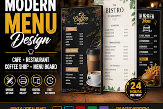 design a modern cafe menu, restaurant menu, and menu board