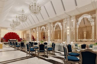 design a perfect 3d wedding hall, banquet design, event center, ballroom, stage