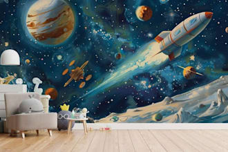 design a galaxy pop space mural wallpaper for kids room