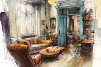 sketch design your interior room in my watercolor style
