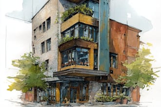 sketch architecture building with watercolor rendering
