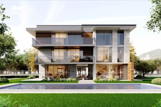rebuilding exterior model, cgi rendering, interior living space house layout