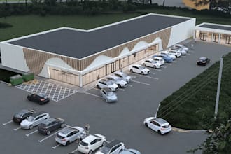 design commercial strip mall, photorealistic exterior rendering, modern garage
