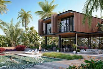 3d naturalist house, detached residence,outdoor living,tropical landscape render