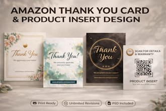 design professional amazon thank you card, product insert card, and review card