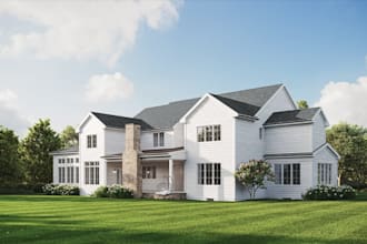 plan 3d modern farm house, cgi exterior visualization, render standard garage