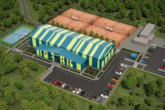 innovate 3d sports complex,outdoor sport facility,parking lot,padel court render