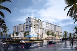 3d coastal development, green building,commercial compound,cgi ocean view render
