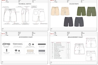 make detailed apparel tech pack with flat sketch and spec sheet