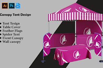 design canopy tent, feather flag and table cover