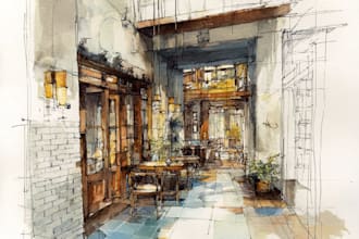 design your interior sketch into a watercolor drawing