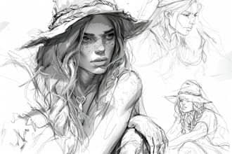 do fantasy character sketch illustrate in black and white