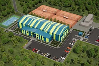relayout modern sports facility,padel park,3d masterplan, landscape parking lot