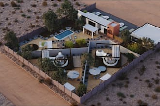 render photorealistic private dwelling,3d glamping design,furniture set,bar area