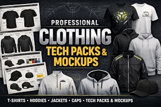 design professional clothing tech packs and mockups for t shirts hoodies jackets
