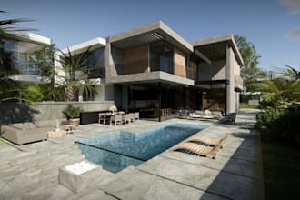 refurbish luxury villa exterior, sustainable design visualization, cgi rendering