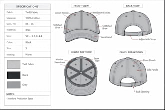 create professional hat and cap tech packs with flat sketches and 3d mockups