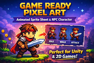 create game ready animated pixel art sprite sheet and npc character for your 2d