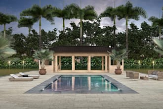 provide simple tropical landscape design, mediterranean gazebo rendering, pool