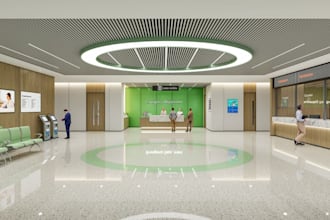 create modern healthcare facility  render emergency rooms and clinic receptions