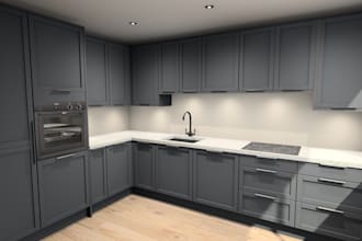 create a kitchen design with 3d visuals and drawings for construction