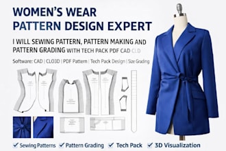 sewing pattern, pattern making and pattern grading with tech pack PDF cad clo3d
