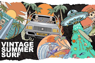 create vintage skull surf, summer and tropical surf, surfing clothing, surfboard