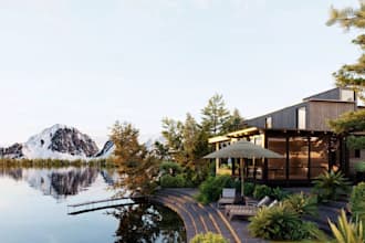 create high quality neo villa waterfront exterior, render modern rustic interior