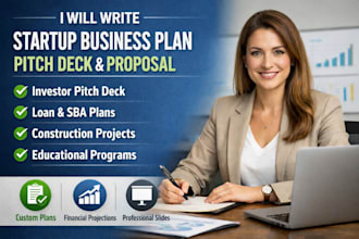 write startup business plan pitch deck proposal loan plan construction education