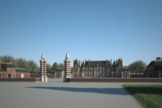 plan and render palace, castle exterior and interior architecture, temple layout