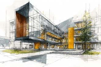 sketch architecture building with watercolor rendering
