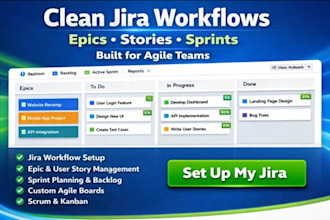 set up jira workflows, epics, stories, and sprint backlog for agile teams
